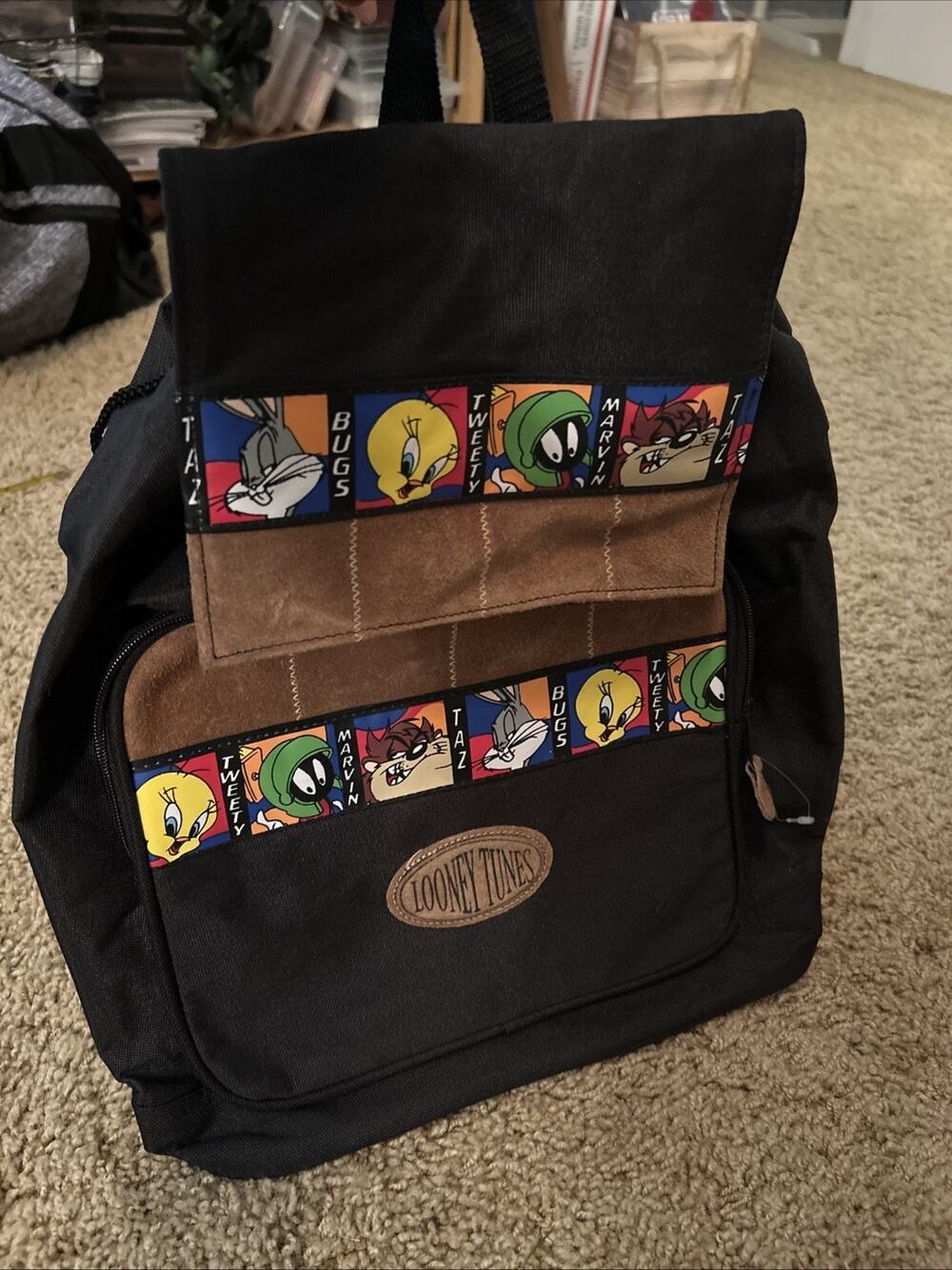 Vintage Looney Tunes Backpack Warner Bros Bugs Tax Tweety Marvin New 1998 Black